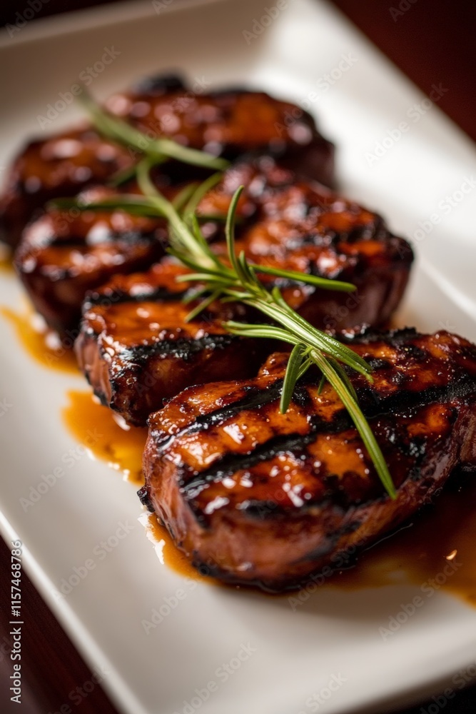 Grilled steak fillets garnished with green herbs on a white plate, showcasing a delicious, gourmet meal perfect for fine dining or culinary presentations. Grilled steak fillets garnished with green herbs on a white plate, showcasing a delicious, gourmet meal perfect for fine dining or culinary presentations.