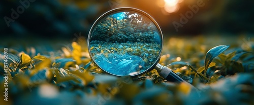 Magnifying Glass Revealing Nature's Details in a Lush Green Landscape