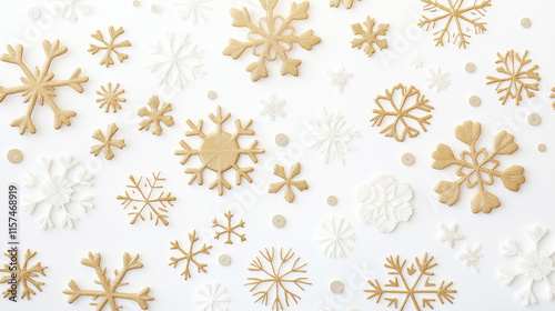 Golden snowflake confetti scattered in a minimal and elegant style, with intricate golden snowflakes of various sizes spread beautifully across a clean white background.