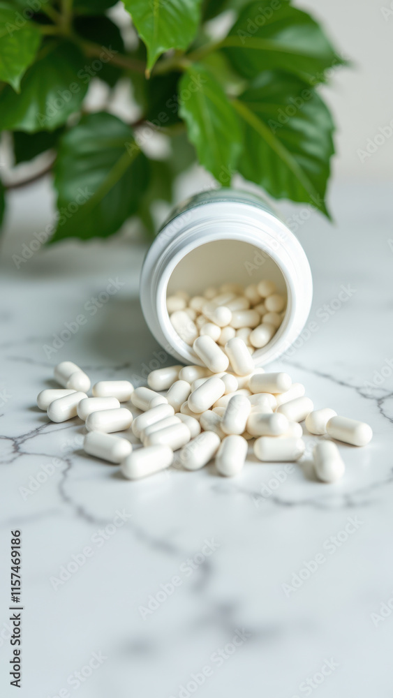 Magnesium capsules on a countertop with greenery behind them. Magnesium capsules on a countertop with greenery behind them.
