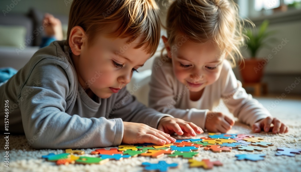 Two young children boy, girl lie on floor together. Concentrated on solving colorful jigsaw puzzle. Cozy home setting. Children enjoy playful learning. Casual attire. Close-up view. Warm, relaxed Two young children boy, girl lie on floor together. Concentrated on solving colorful jigsaw puzzle. Cozy home setting. Children enjoy playful learning. Casual attire. Close-up view. Warm, relaxed