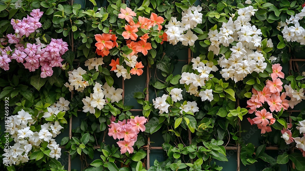 Fototapeta premium Autumn leaves on the ground with colorful flowers in a garden setting