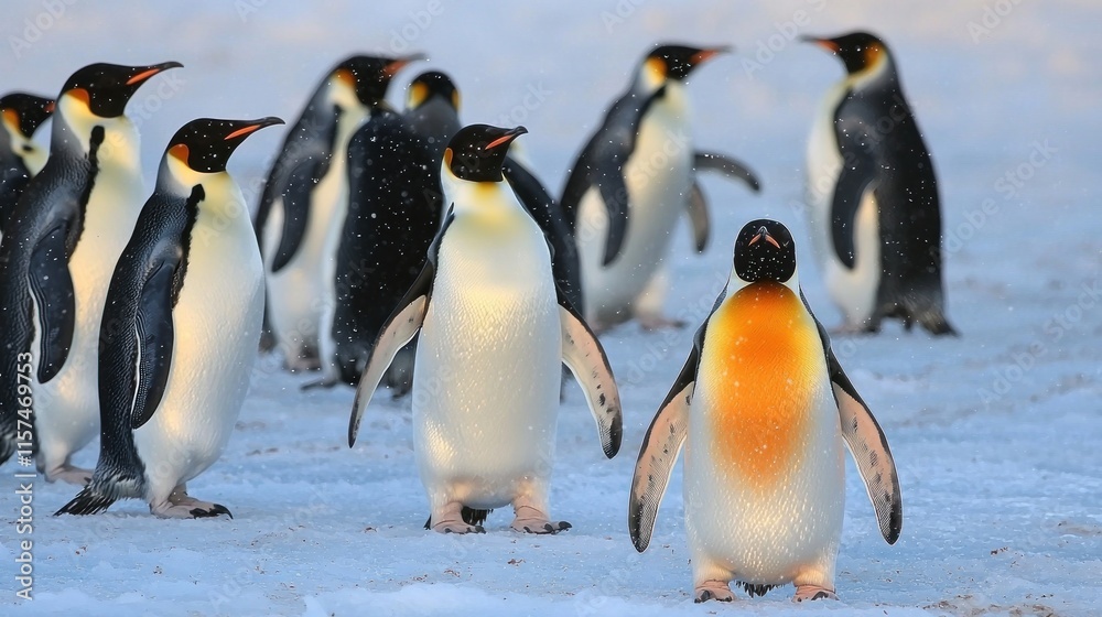 Fototapeta premium A group of emperor penguins standing on snow in a cold environment.