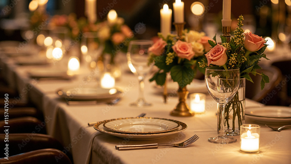 Elegant Dining Table Setting: Candlelit Ambiance for Romantic Dinners and Upscale Events in Fine Restaurants Elegant Dining Table Setting: Candlelit Ambiance for Romantic Dinners and Upscale Events in Fine Restaurants
