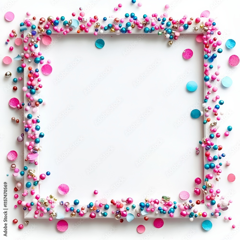 Festive Frame of Confetti and Beads: A whimsical and colorful frame for your creations, featuring a white square frame adorned with scattered confetti and colorful beads in pink, blue, and gold. Festive Frame of Confetti and Beads: A whimsical and colorful frame for your creations, featuring a white square frame adorned with scattered confetti and colorful beads in pink, blue, and gold.