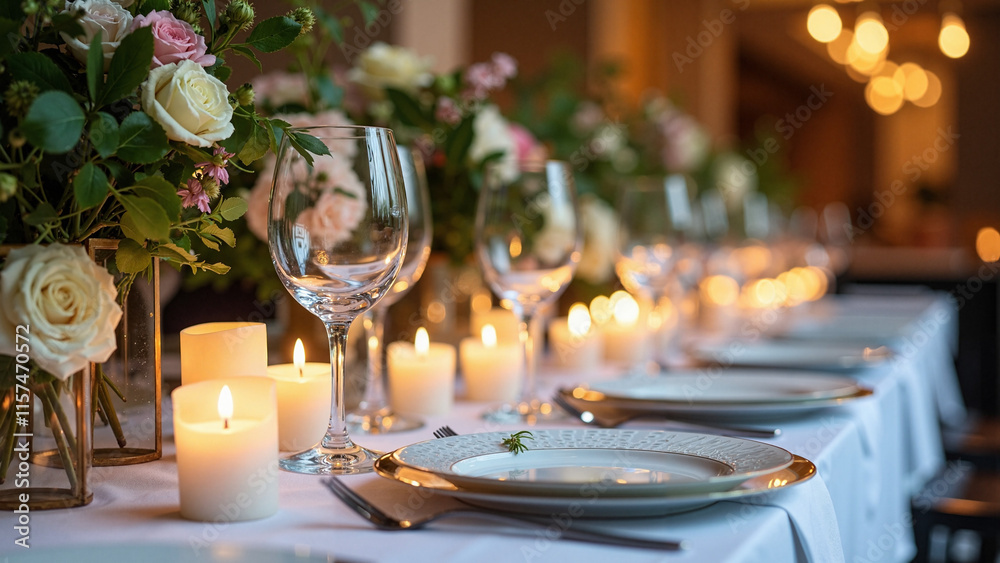 Elegant Dining Table Setting: Candlelit Ambiance for Romantic Dinners and Upscale Events in High-End Restaurants Elegant Dining Table Setting: Candlelit Ambiance for Romantic Dinners and Upscale Events in High-End Restaurants