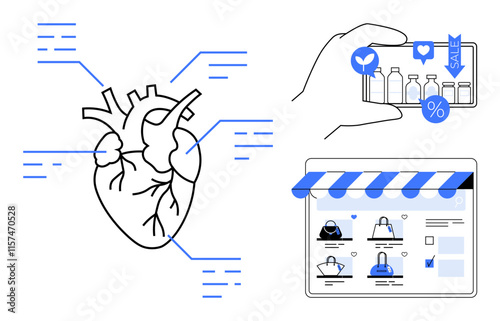 Anatomical heart diagram with data points, hand holding smartphone showing shopping app icons, browser shopping interface with storefront. Ideal for digital health, e-commerce, technology, mobile