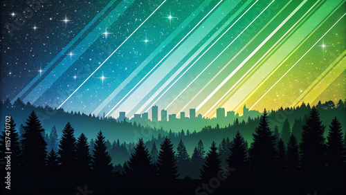 A gradient of green and yellow hues beams across the night sky, illuminating a silhouette of pine forests and a distant urban skyline. Background