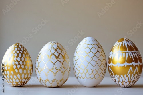 These elegant and festive Easter eggs are beautifully adorned with intricate gold patterns that stand out against a soft, gentle background, making them perfect for holiday celebrations photo