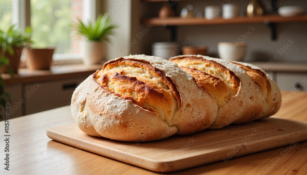 Freshly baked bread on wooden board in cozy kitchen Freshly baked bread on wooden board in cozy kitchen