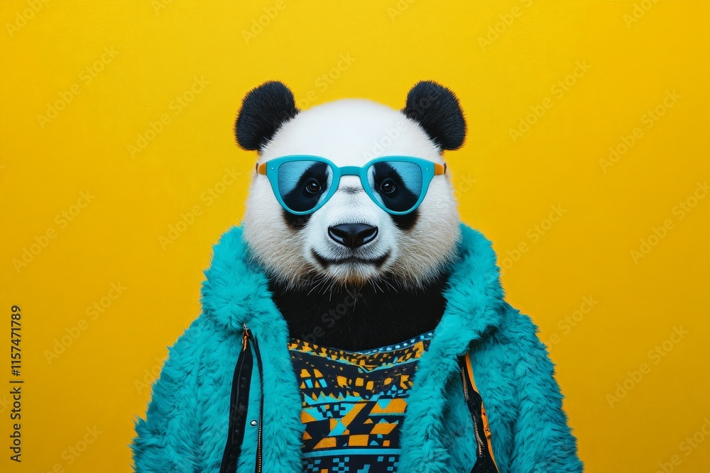 Fototapeta premium Stylish panda wearing sunglasses and colorful jacket against a bright yellow background, trendy animal fashion, fun and playful vibe for creative projects.