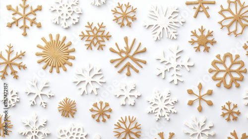 Golden snowflake confetti scattered in a minimal and elegant style, with intricate golden snowflakes of various sizes spread beautifully across a clean white background.