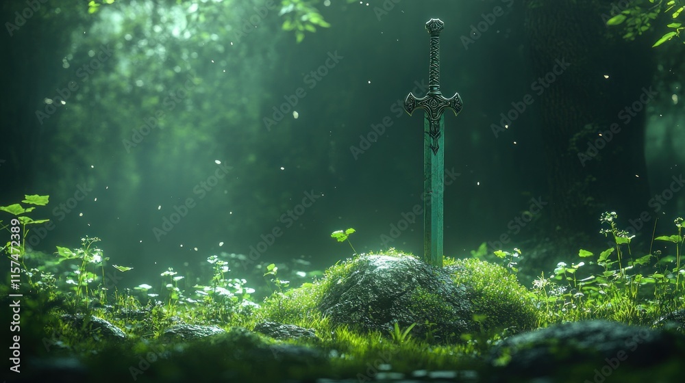 Fototapeta premium A mystical sword embedded in a rocky base, surrounded by lush greenery and soft light.