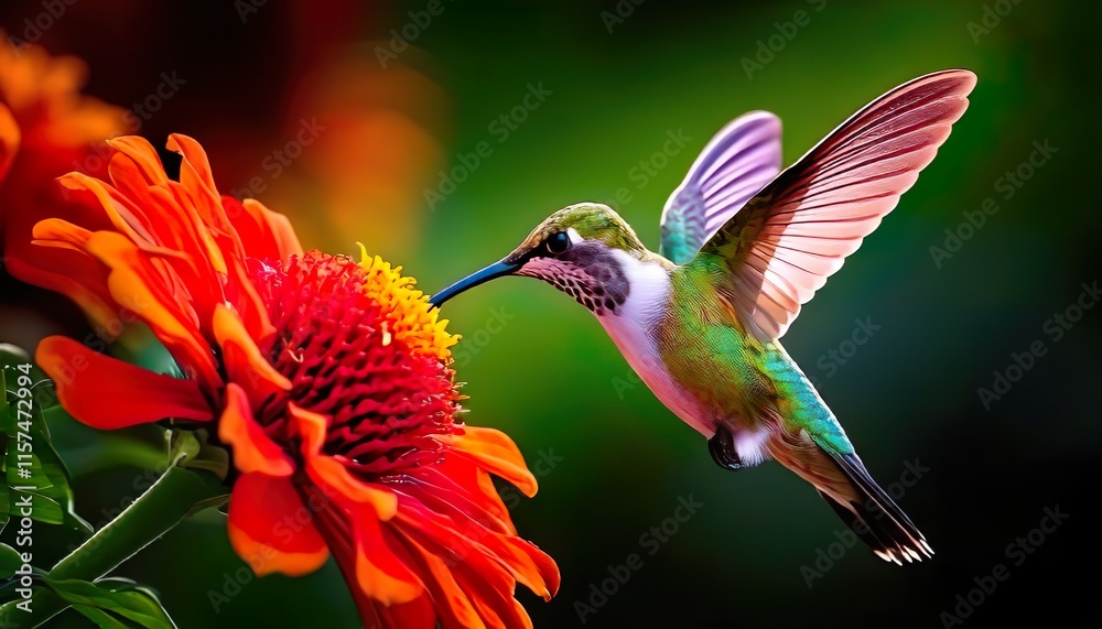 Naklejka premium Hummingbird Feeding on Vibrant Red Flower