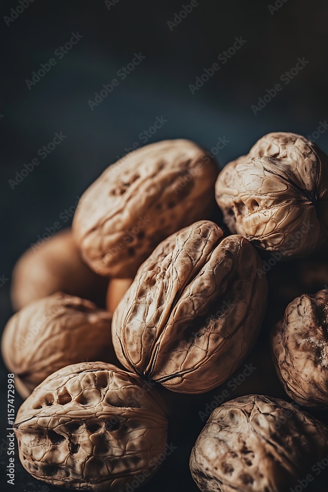 Rustic Walnut Shells Stacked Together in a Dimly Lit Setting Rustic Walnut Shells Stacked Together in a Dimly Lit Setting