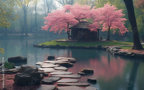 Serene spring scene Pink cherry blossoms frame a tranquil gazebo on a misty lake island, accessed by stepping stones. photo