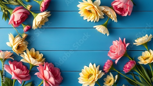 Blue Wooden Background Flowers Flat Lay - Beautiful Floral Composition photo