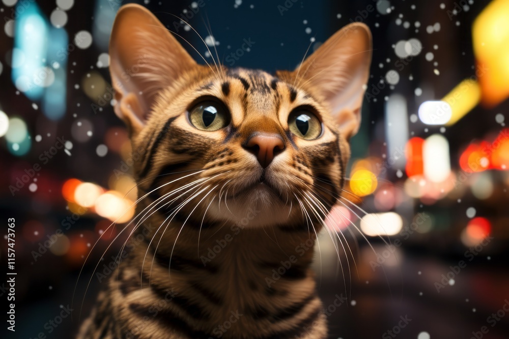 Portrait of a funny ocicat cat in front of bustling city street at night Portrait of a funny ocicat cat in front of bustling city street at night