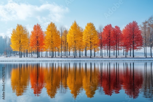 Colorful trees reflecting in a lake covered with snow during autumn