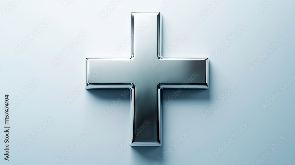 Fototapeta premium Sleek and Modern Silver Plus Sign Symbol on a Light Background, Ideal for Medical, Health, and Wellness Themes in Stock Photo Collection