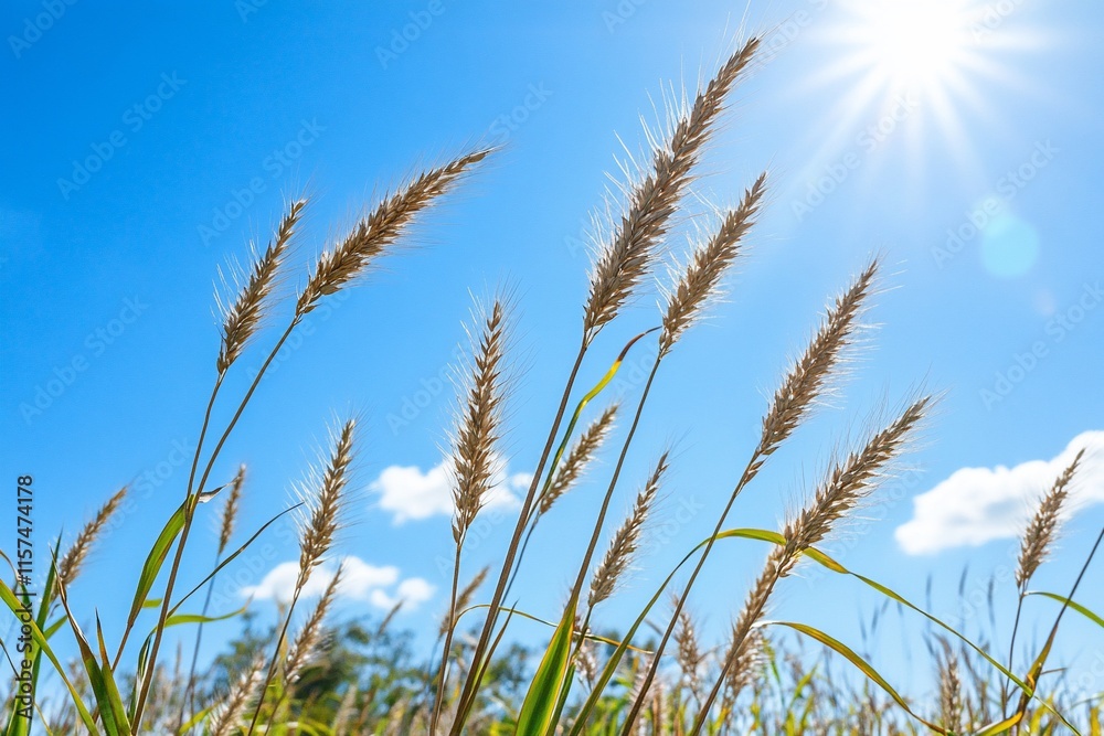 Tall grass swaying under a bright blue sky with sunlight. Tall grass swaying under a bright blue sky with sunlight.