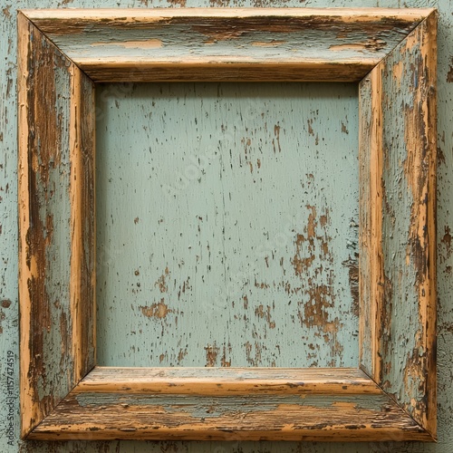 Rustic Elegance: A weathered wooden picture frame with a distressed turquoise background, offering a vintage and charming backdrop for your cherished memories.   photo