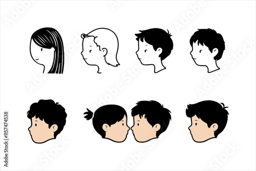 Black Silhouette of Boys and Girls – Simple Profile View of Children’s Heads, Great for Logos