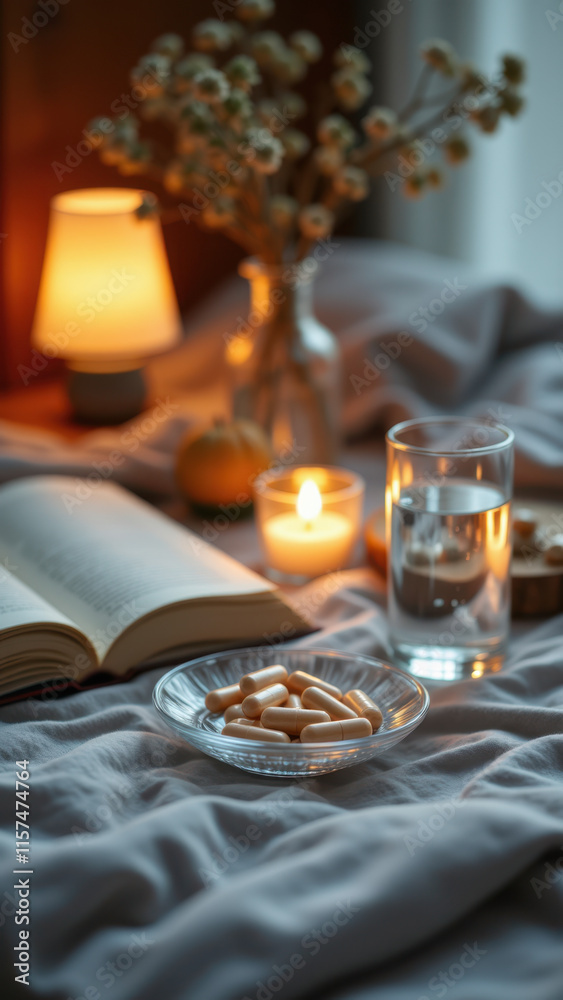 Fototapeta premium A cozy scene with a book, candlelight, flowers, and magnesium supplements on a bedside table, suggesting relaxation or bedtime routines.