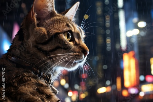 Portrait of a funny serengeti cat in front of bustling city street at night photo