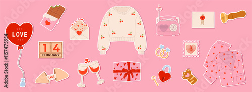 Collection of vector stickers for Valentine's Day including cozy sweater, rings, gifts and holiday decorations. Cute elements for scrapbooking. Hand drawn style.