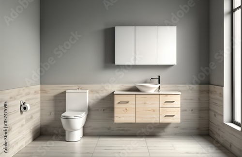 Modern bathroom interior design. Empty room with light wooden cabinets, white sanitary ware. Blank wall space for bathroom cabinet, toilet bowl. Stylish light grey walls. Empty space suggests new photo