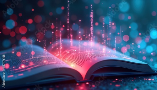 Open book glows with digital data. Artificial intelligence processes info from unstructured text. Tech extracts data from docs. AI in doc analysis. Innovation in info tech. Modern tech in libraries.