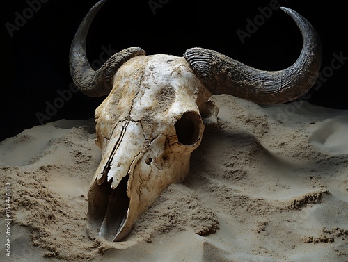 Weathered Buffalo Skull Immersed in Golden Desert Sands photo