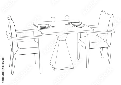 Restaurant furniture, Trendy dinner table and chairs set hand drawn outline doodle icon. Flat design. Vector sketch illustration for print, mobile graphic and infographics isolated on white background