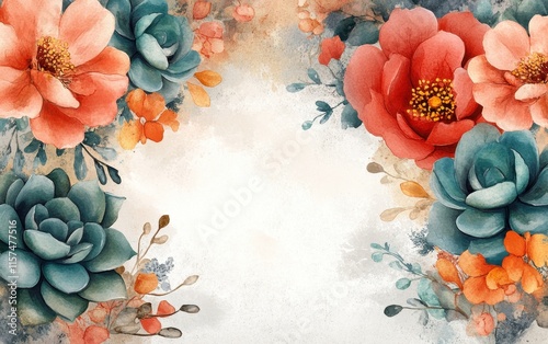 Watercolor Floral Border Design Featuring Succulents and Peonies: Elegant Botanical Illustration for Wedding Invitations, Greeting Cards, or Wall Art