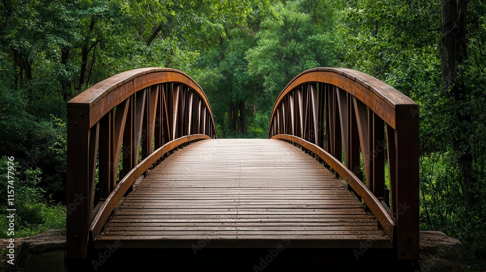 Arched steel bridge with wooden handrails, set in a dense forest, connecting two rural settlements Arched steel bridge with wooden handrails, set in a dense forest, connecting two rural settlements
