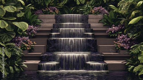 surreal garden art, unreal backyard with waterfalls flowing upwards, blue streams defying gravity, and vibrant flowers blooming in unexpected colors