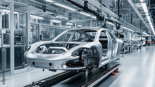 Advanced machinery assembling car parts in a sleek, modern factory. photo