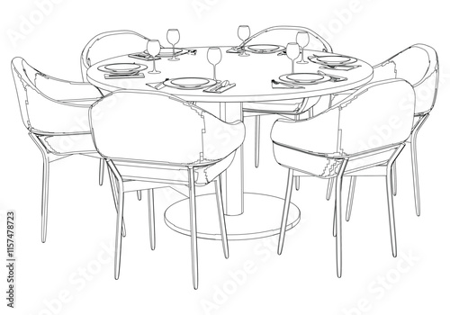 Round table and chair vector set. Restaurant chair and table. Outline illustration for coloring book, interior projects, designers.