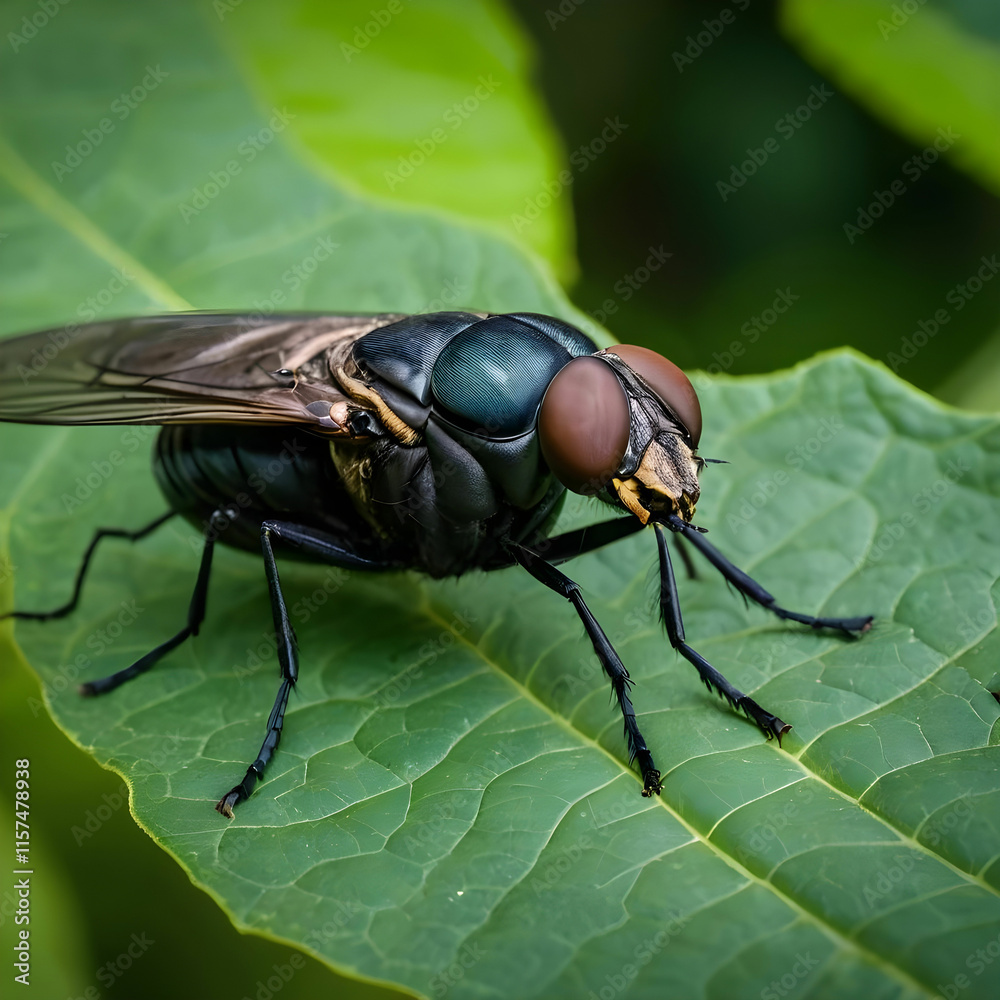 Macro shot of a dark giant horsefly insect on a green leaf outdoors Macro shot of a dark giant horsefly insect on a green leaf outdoors