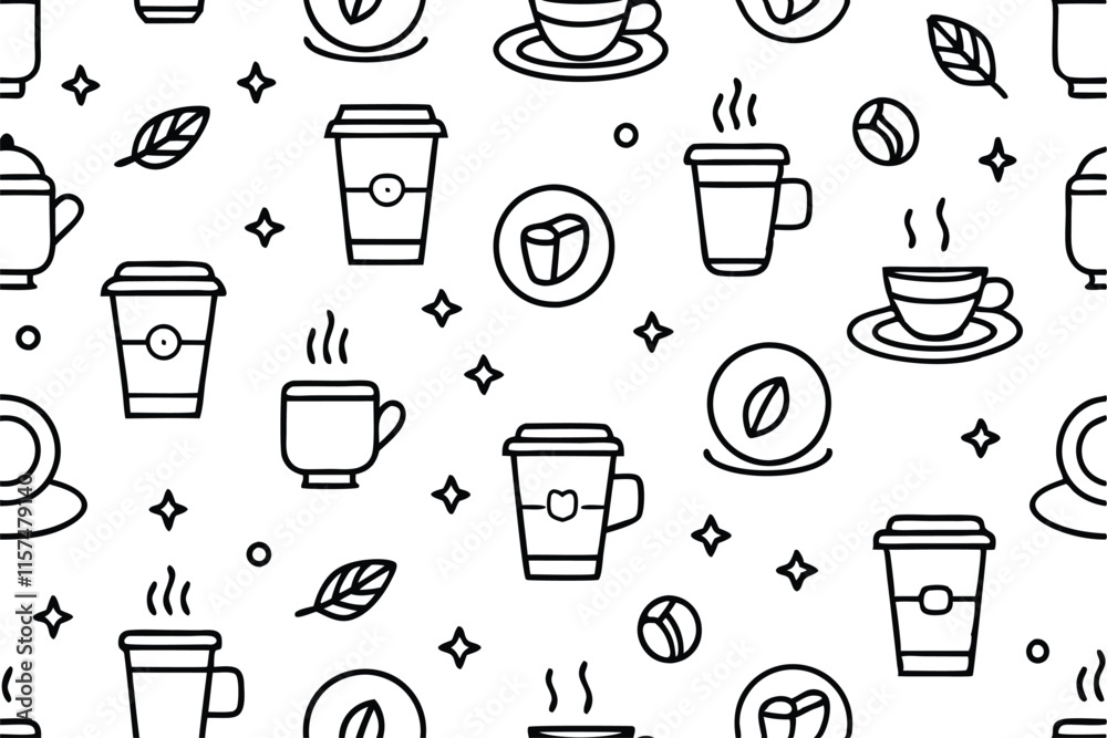 Obraz premium Seamless Coffee Doodle vector Pattern in Cute Hand-Drawn Style Ideal for Backgrounds & Design Projects