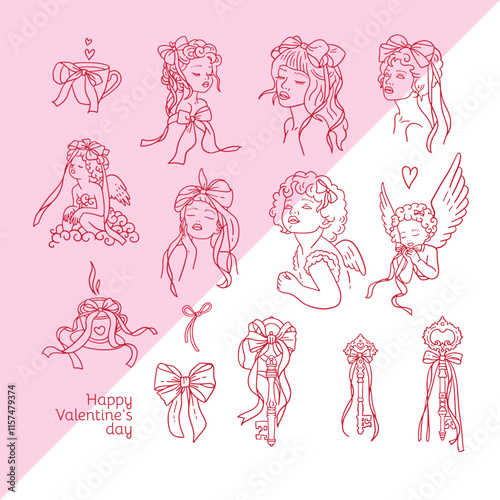 Coquette cupid characters keys and cup elements decorated with coquette bows, ribbons. Elegant linear vintage angel with satin bow. Hand drawn line art vector illustrations for wedding and valentine