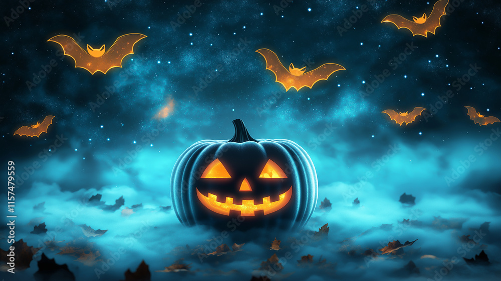 Fototapeta premium Illustration of Halloween featuring a carved pumpkin illuminated from within by vibrant neon light, surrounded by floating holographic bats
