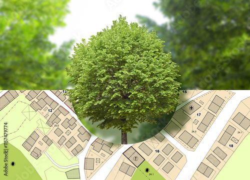 Lone tree against an fictional General Urban Plan with urban destinations roads, buildable areas and land plot