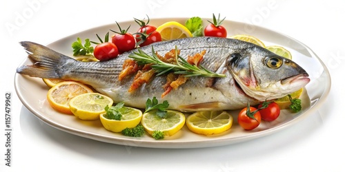 Grilled fish on plate isolated on white background.