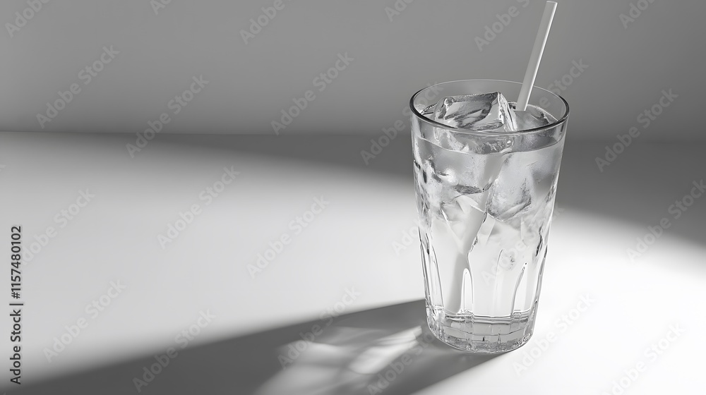 Refreshing beverage with ice cubes in clear glass minimalist setting still life photography calm atmosphere