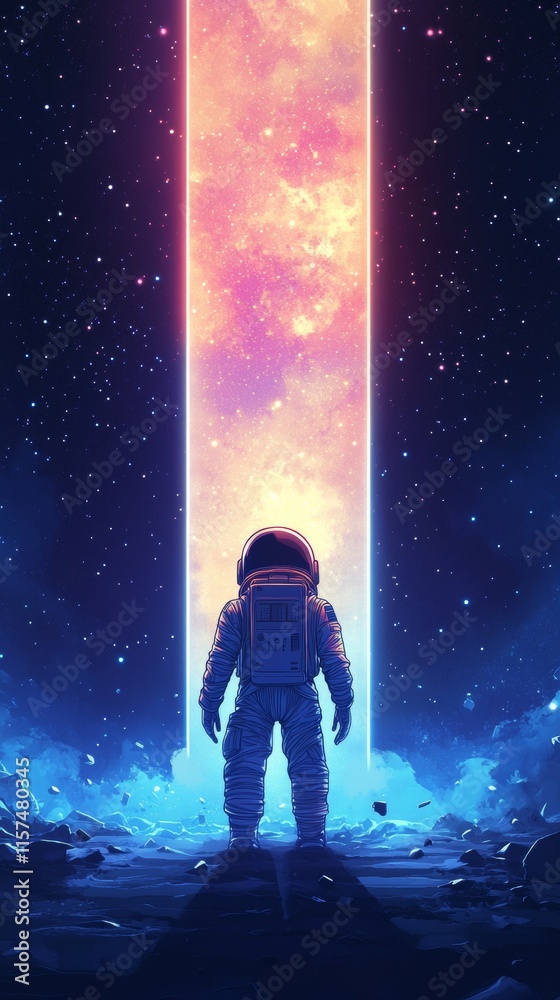 Naklejka premium astronaut in space watching a portal with copy space vertically 9:16