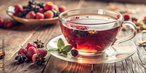 A cup of tea with berries on a table