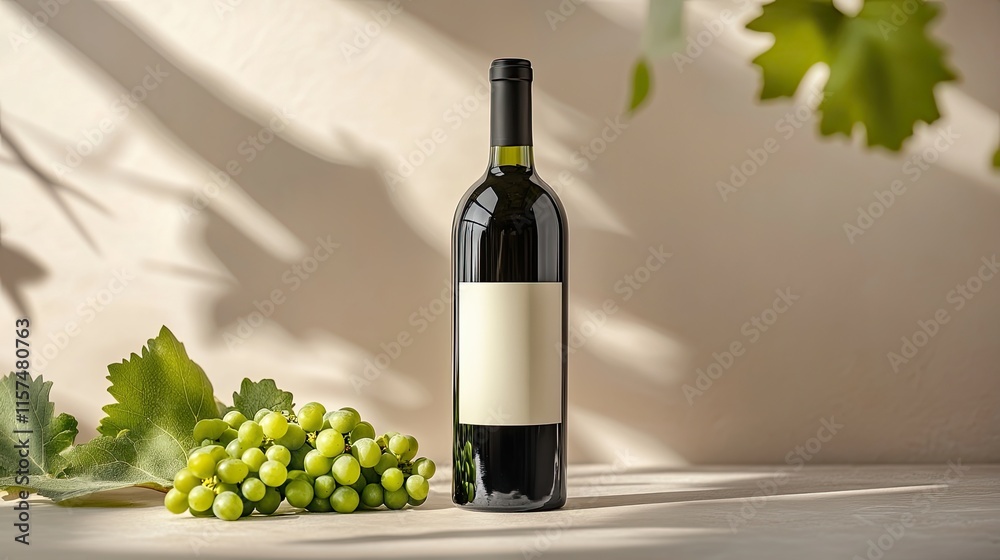 Obraz premium Editorial wine label mockup scene with fresh green grapes and soft leafy shadows, natural light composition for vineyard wine product branding design