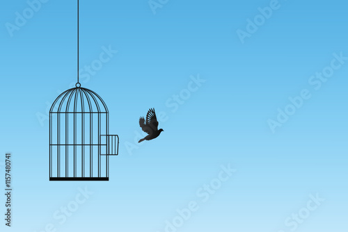 A bird soaring free from an open cage vector art, symbolizing freedom and liberation against a serene blue sky. Ideal for motivational, inspirational, and conceptual uses in art and design.